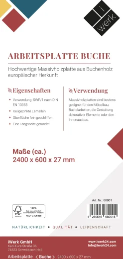 Arbeitsplatte Buche massiv 240 x 60 x 2,7 cm geschliffen