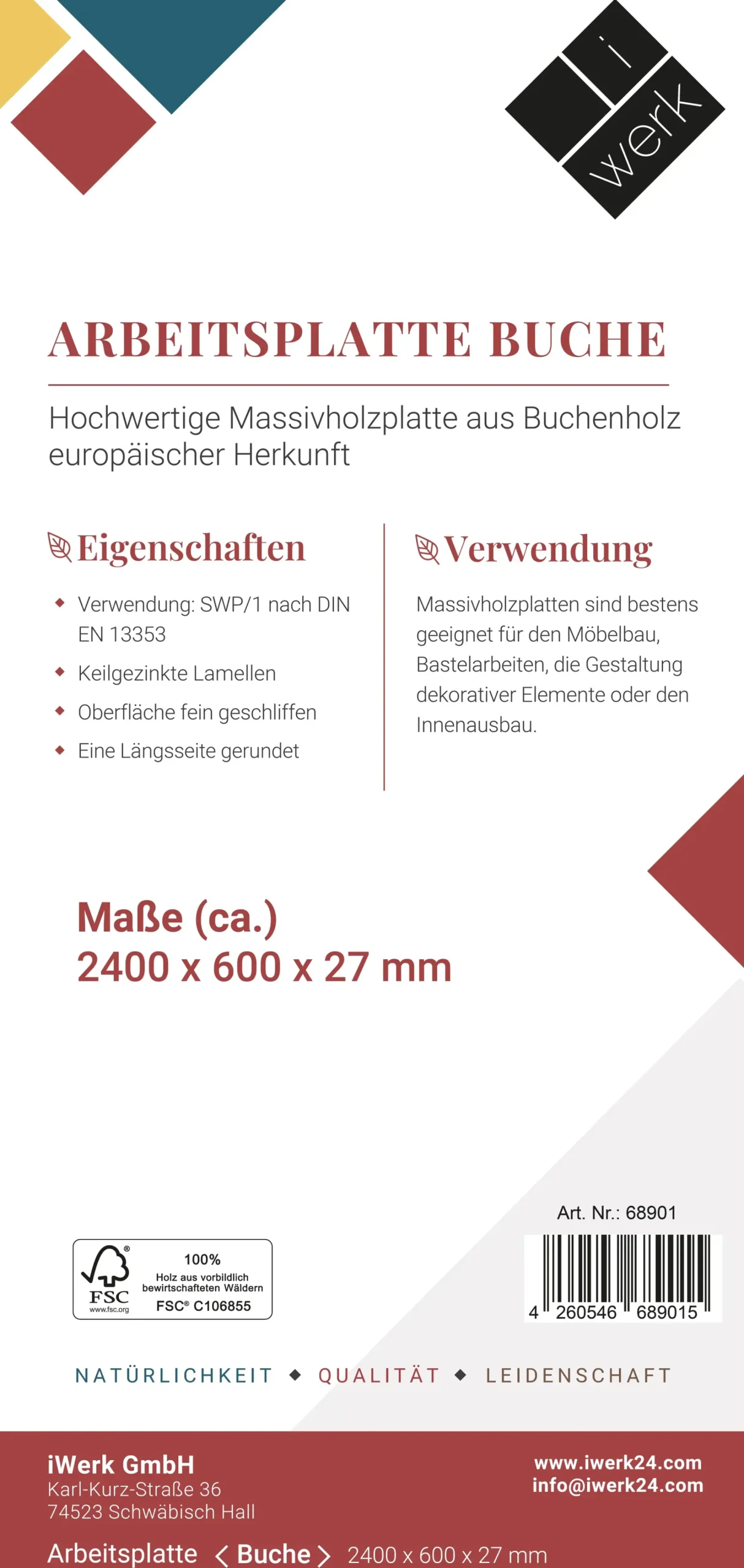 Arbeitsplatte Buche massiv 240 x 60 x 2,7 cm geschliffen
