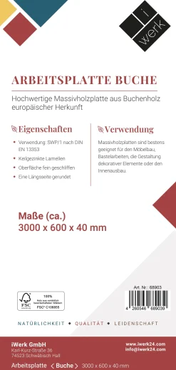 Arbeitsplatte Buche massiv 300 x 60 x 4 cm geschliffen