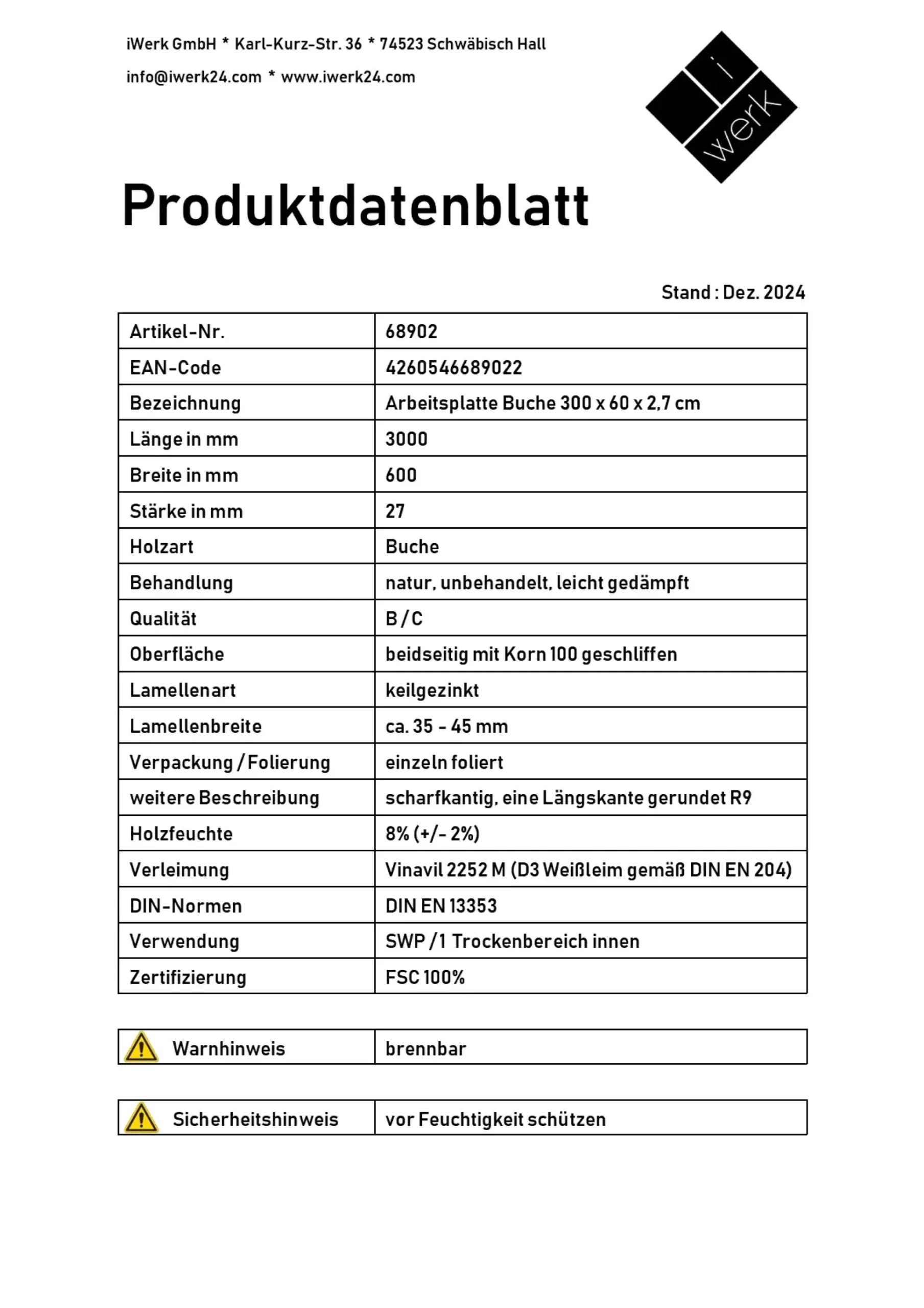 Arbeitsplatte Buche massiv 300 x 60 x 2,7 cm geschliffen