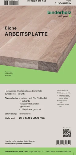 Arbeitsplatte Eiche ungeölt Oberfläche geschliffen 220 x 60 cm, 26 mm