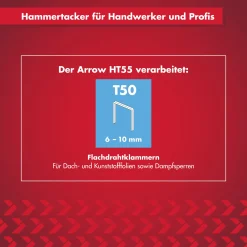 Arrow Hammertacker HT55 kompatibel mit Flachdrahtklammern 6-10 mm Typ T50