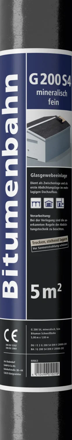 Bitumen Schweißbahn G 200 S4 fein 5 x 1 m = 5 m² schwarz