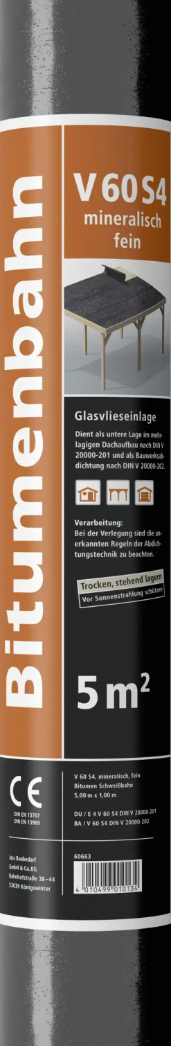 Bitumen Schweißbahn V 60 S4 mineralisch fein 5 x 1 m = 5 m² schwarz-grau
