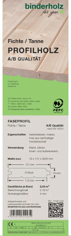 Profilholz Fichte Tanne A B-Sortierung Faseprofil 300 x 12,1 cm 16 mm