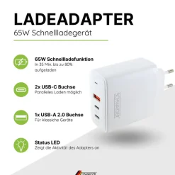 Schwaiger Schnell-Ladeadapter 65 W  2x USB C 1x USB A weiß